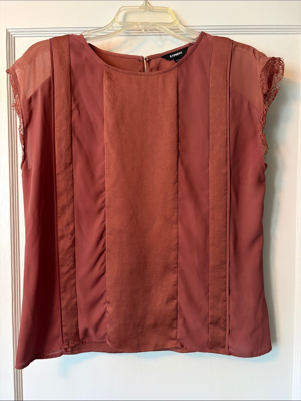 Express Rust Mauve Cap-Sleeve Lace-Trim Blouse